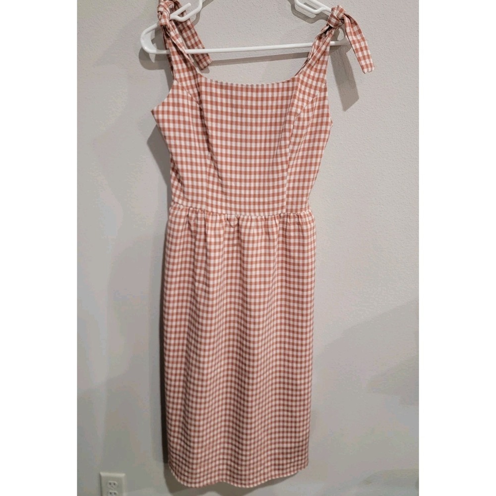 Vine & Love Gingham Sleeveless Short Dress Womens L Tie Sleeve Smocked Back
